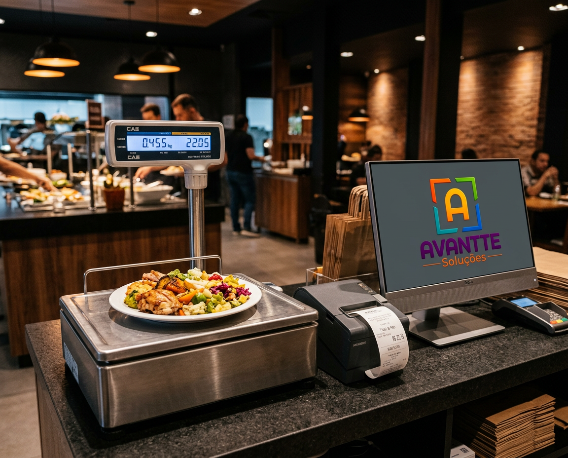 Prato sendo pesado em balança de buffet por quilo
