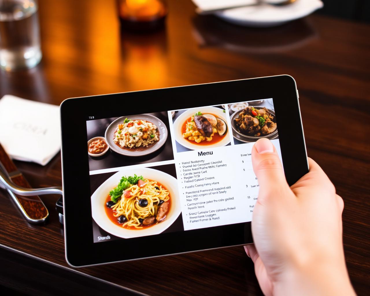 Tablet exibindo um cardápio digital com fotos de pratos