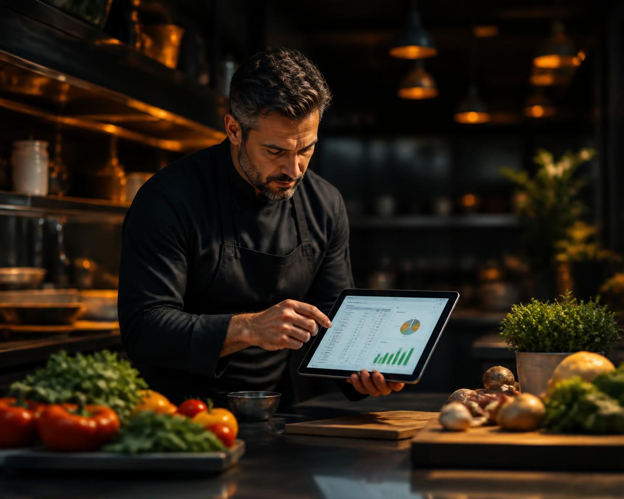 Chef de cozinha analisando tablet com ficha técnica de prato, ingredientes e custos na tela