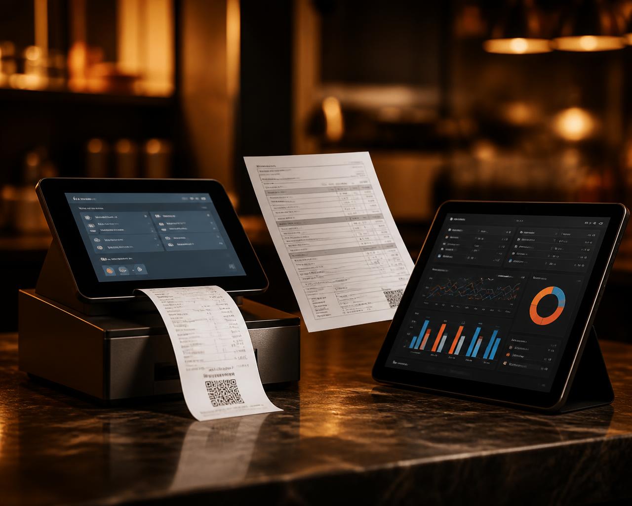 Balcão de restaurante com PDV emitindo cupom fiscal, nota fiscal eletrônica e tablet com painel fiscal
