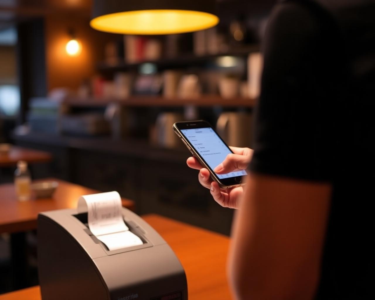 Garçom usando aplicativo no celular com impressora térmica ao fundo