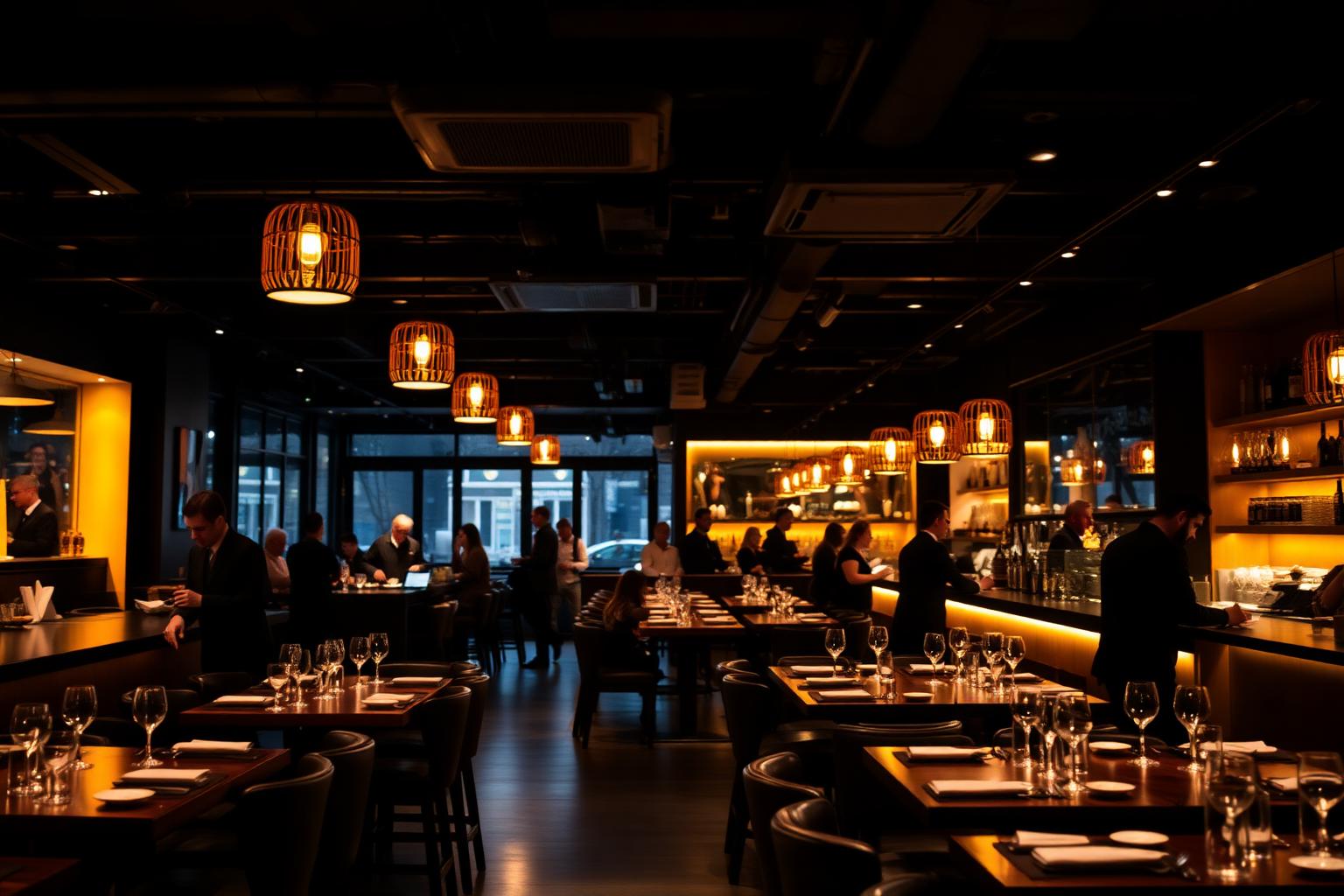 Restaurante moderno e movimentado com garçons atendendo mesas