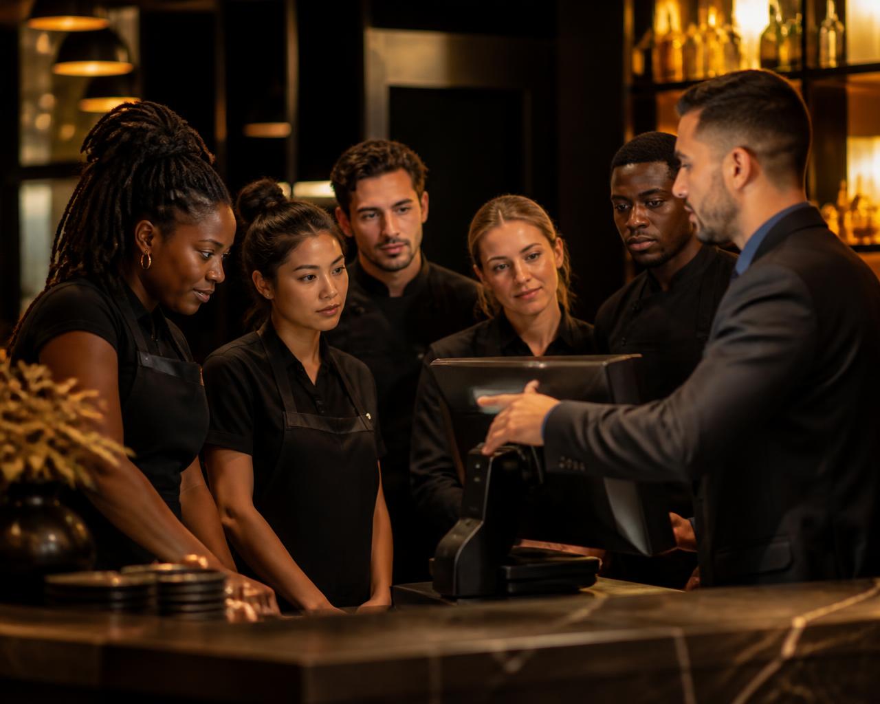 Equipe de restaurante recebendo treinamento com consultor ao redor de um PDV