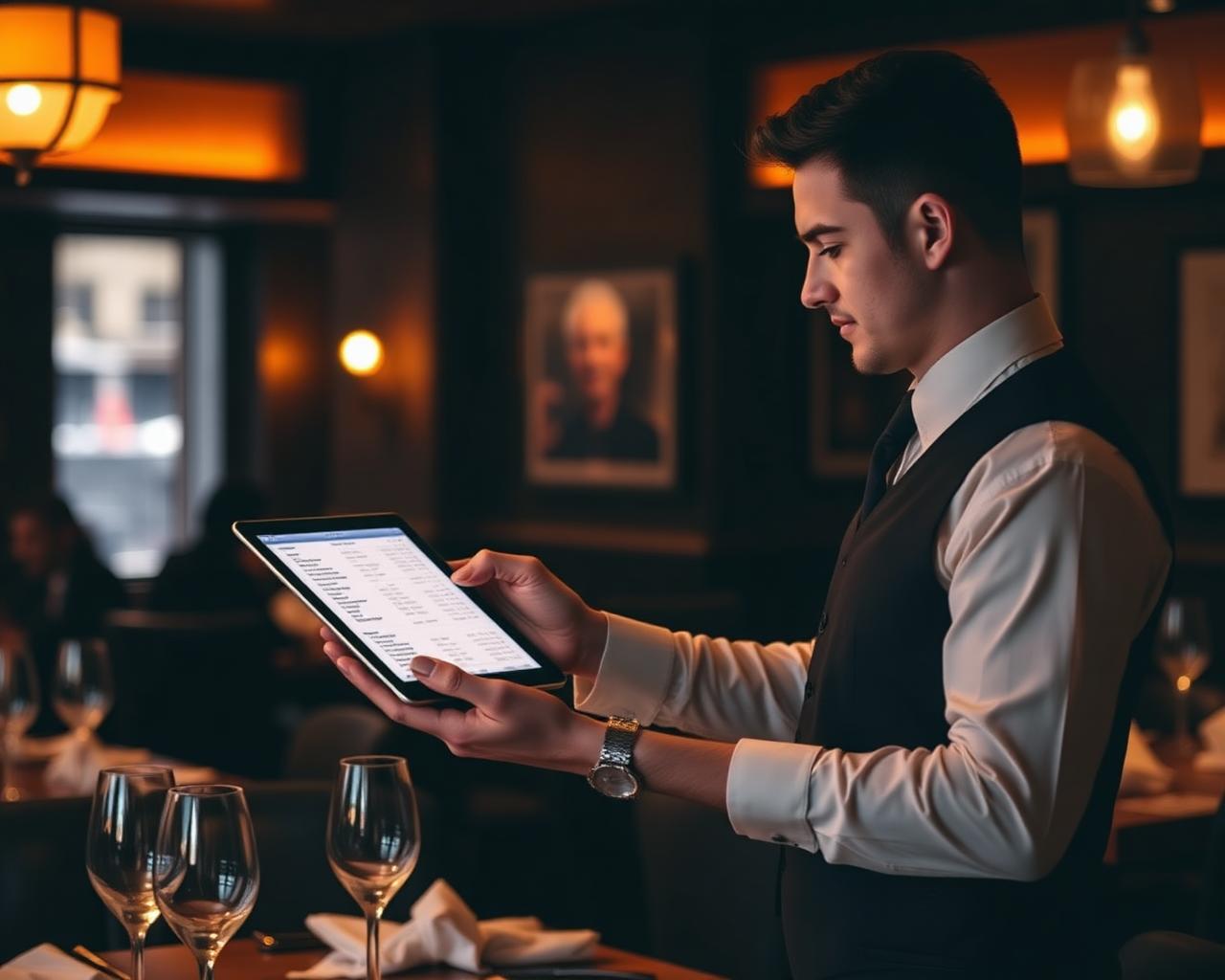 Garçom utilizando comanda digital em um restaurante