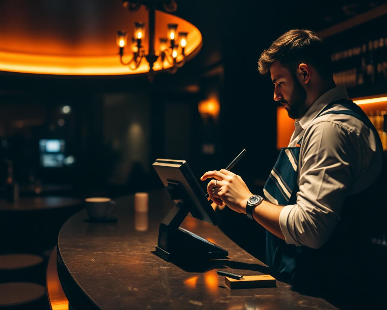 Atendente operando um PDV touchscreen no balcão de um bar