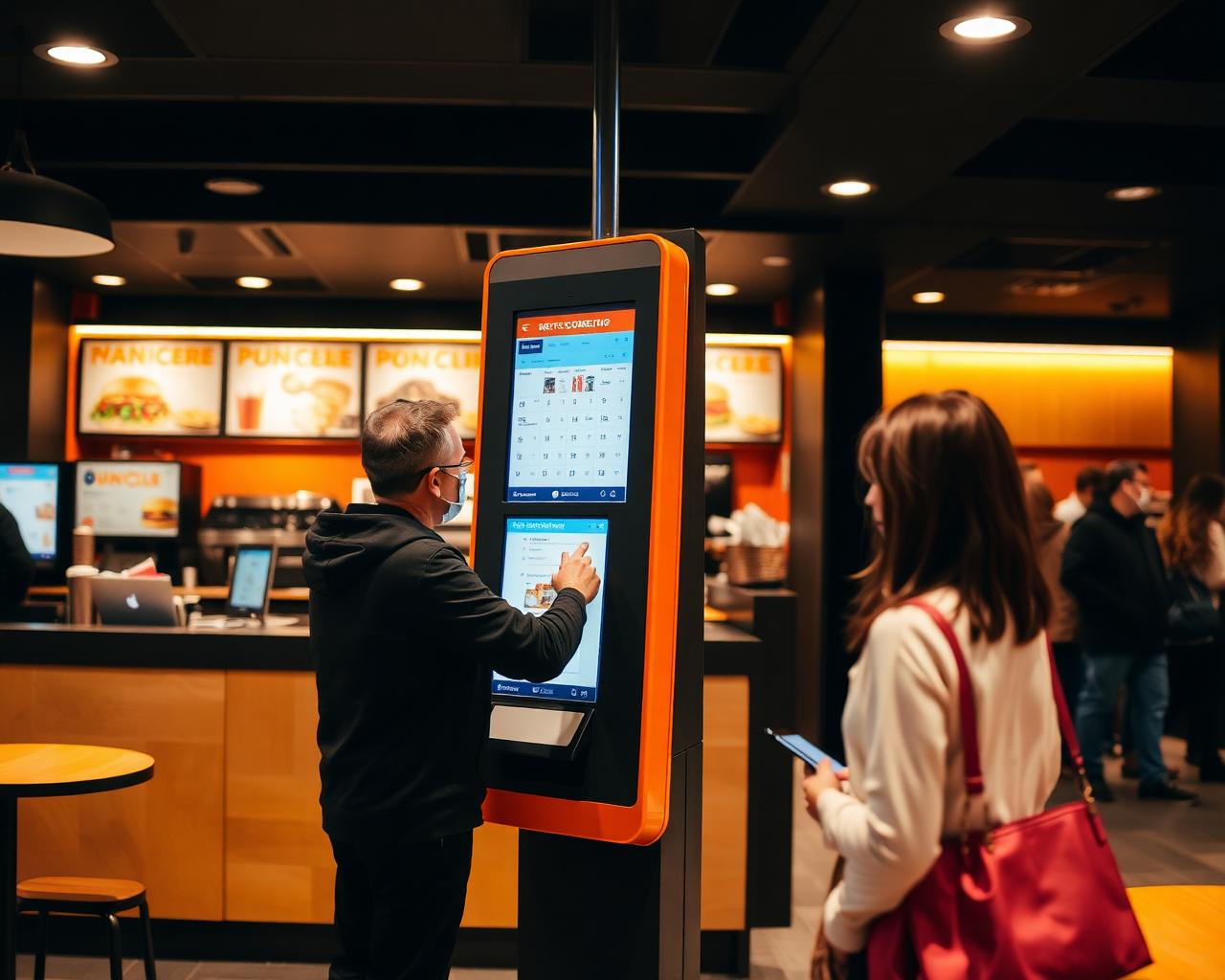 Cliente utilizando um totem de autoatendimento em restaurante